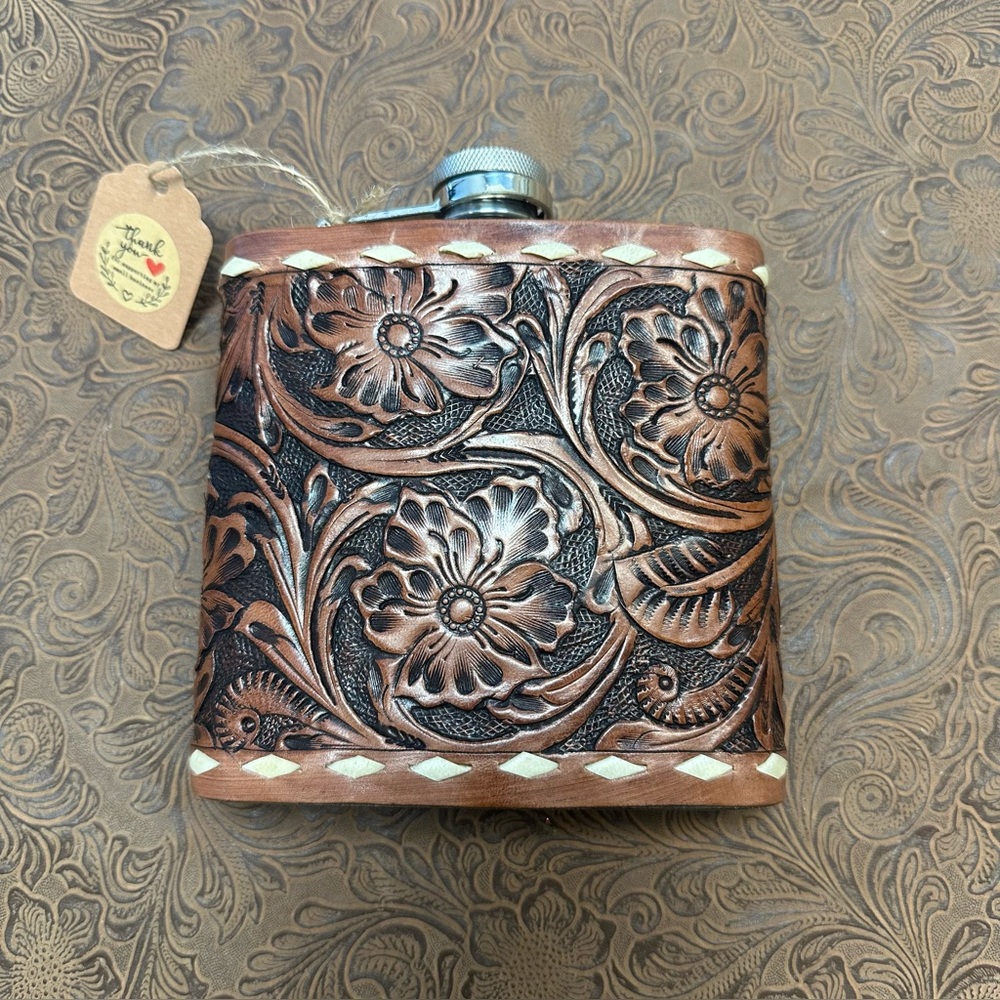 Handcrafted Floral Leather Flask - Brown